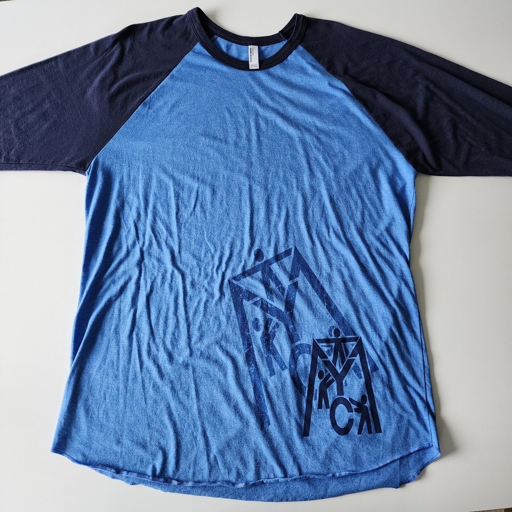 YMCA Camp Baseball Shirt Mens XL Raglan Blue Soft Jersey Retro Style Graphic Tee